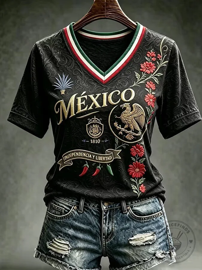 Mexican Independence Day Eagle Embroidered Black V-Neck T-Shirt