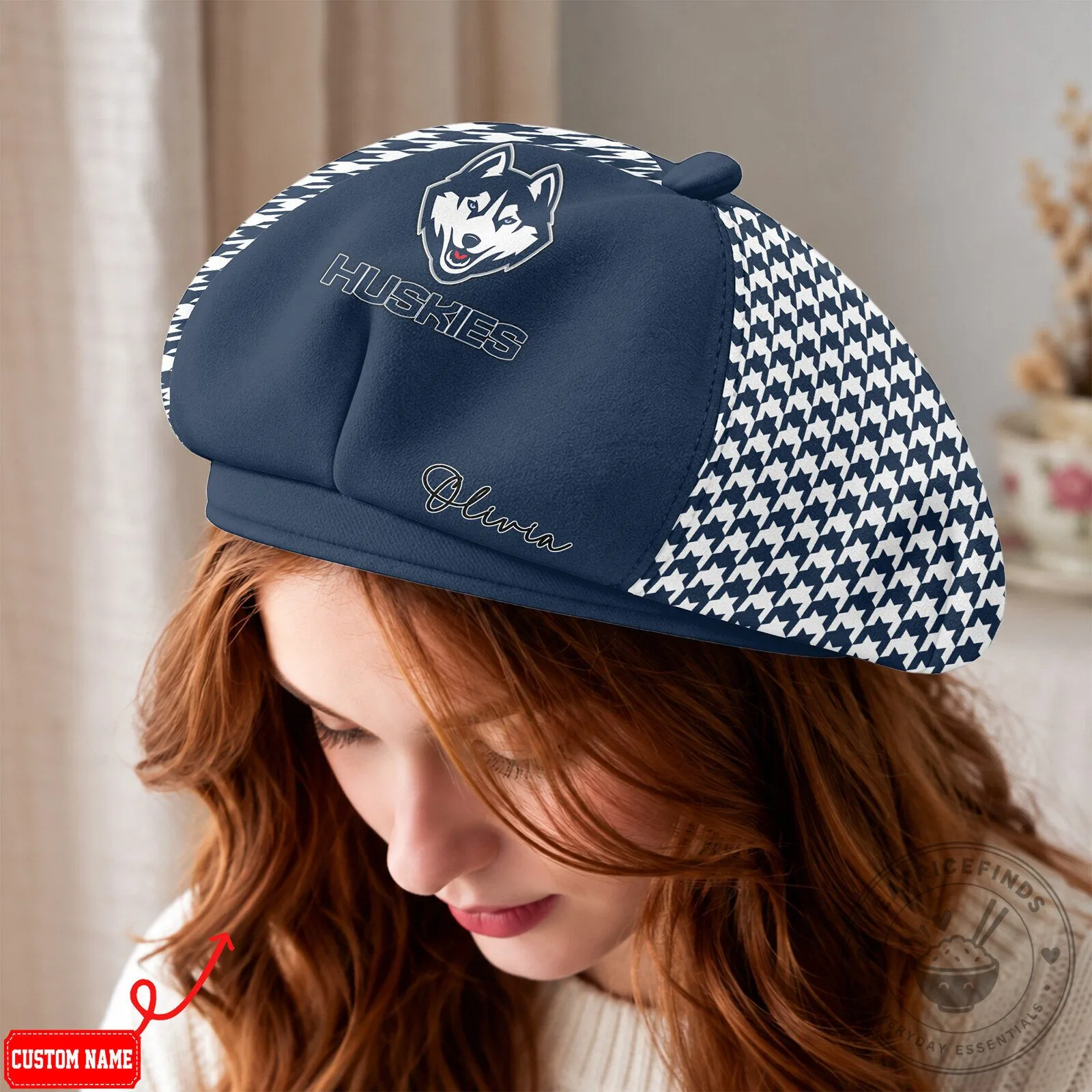 Connecticut Huskies Houndstooth Custom Name Beret Hat