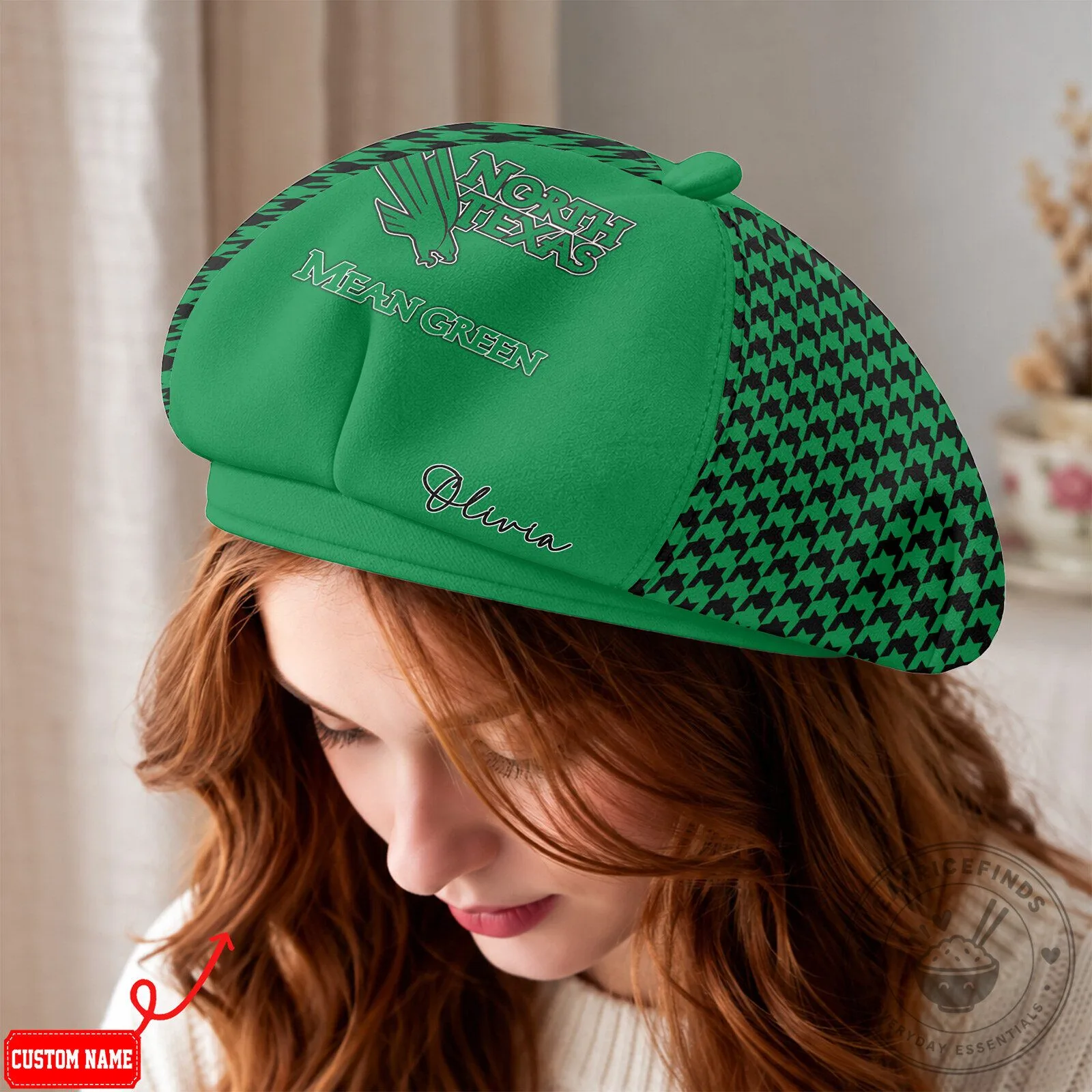 North Texas Mean Green Personalized Houndstooth Pattern Beret Cap Hat
