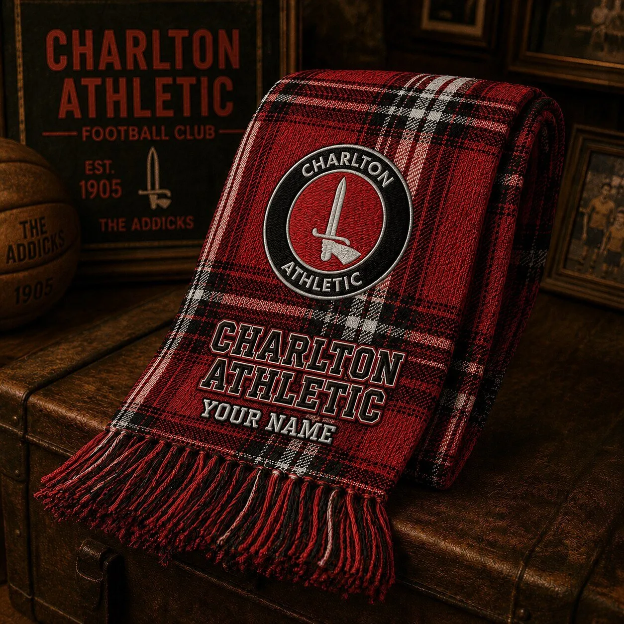Charlton Athletic Football Club Red Plaid Custom Name Fan Scarf
