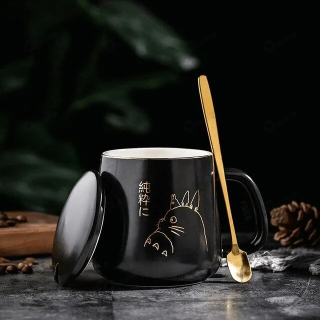 My Neighbor Totoro Gold Outline Black Ceramic Coffee Mug with Lid and Spoon