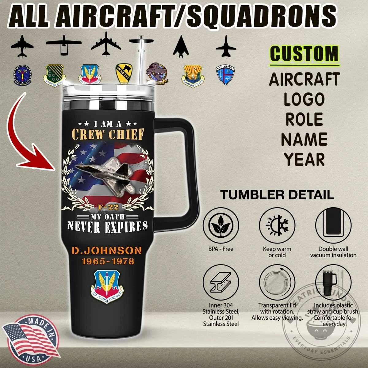 Personalized Air Force Crew Chief Tumbler with Handle and Straw