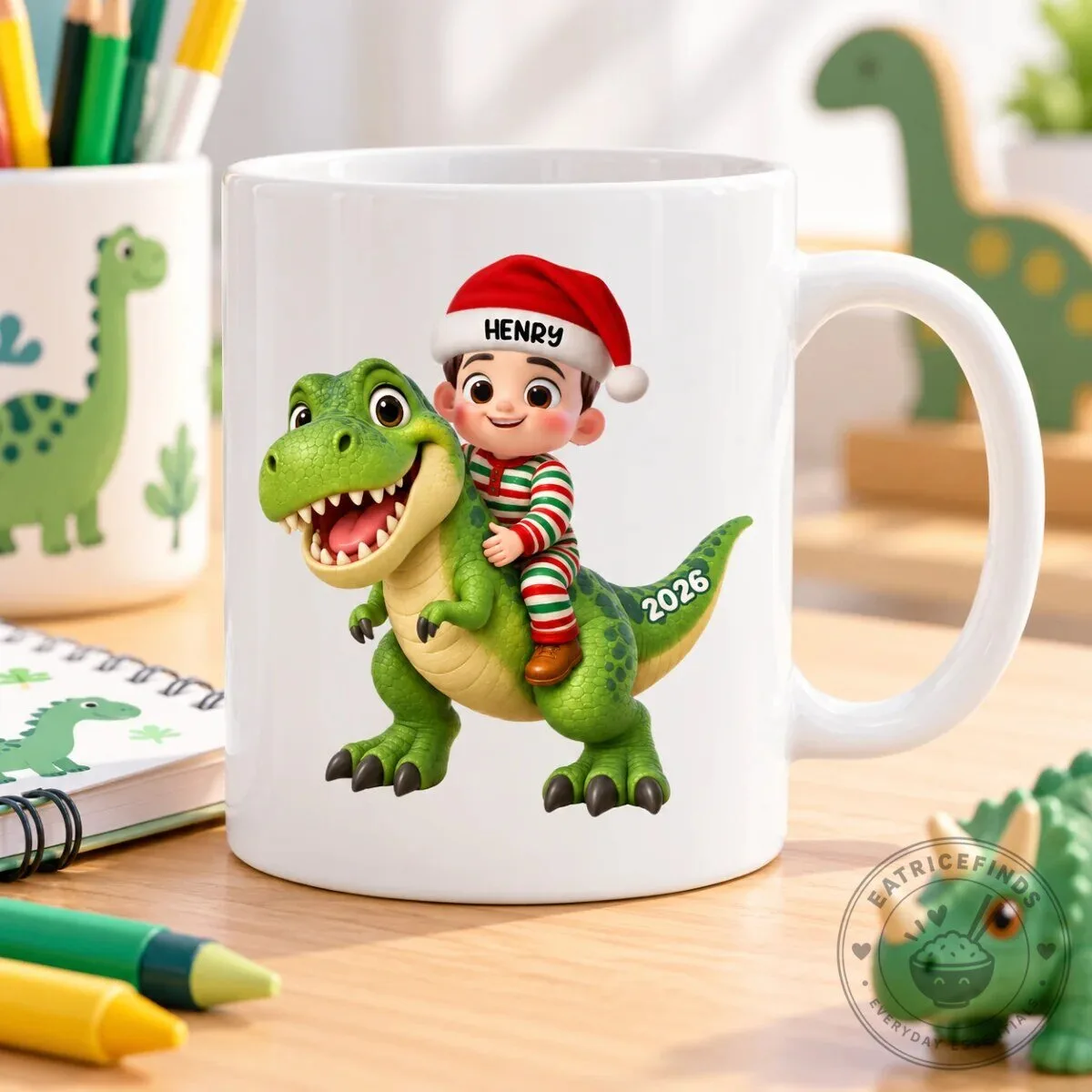 Personalized Christmas Boy Riding Dinosaur Mug - Custom Name And Year Holiday Gift