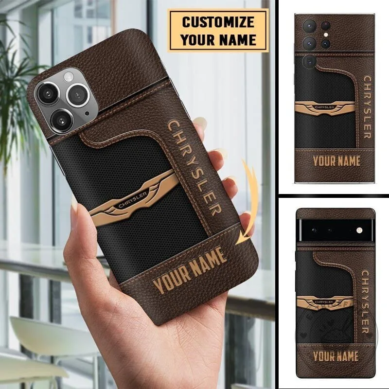 Chrysler Custom Name Brown Leather Texture Car Logo Phone Case