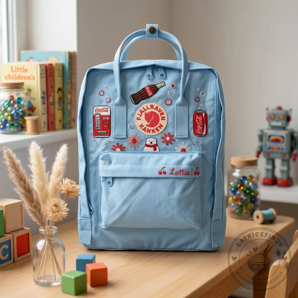 Coca-Cola Light Blue Kanken Backpack with Embroidered Patches and Cherry Detail