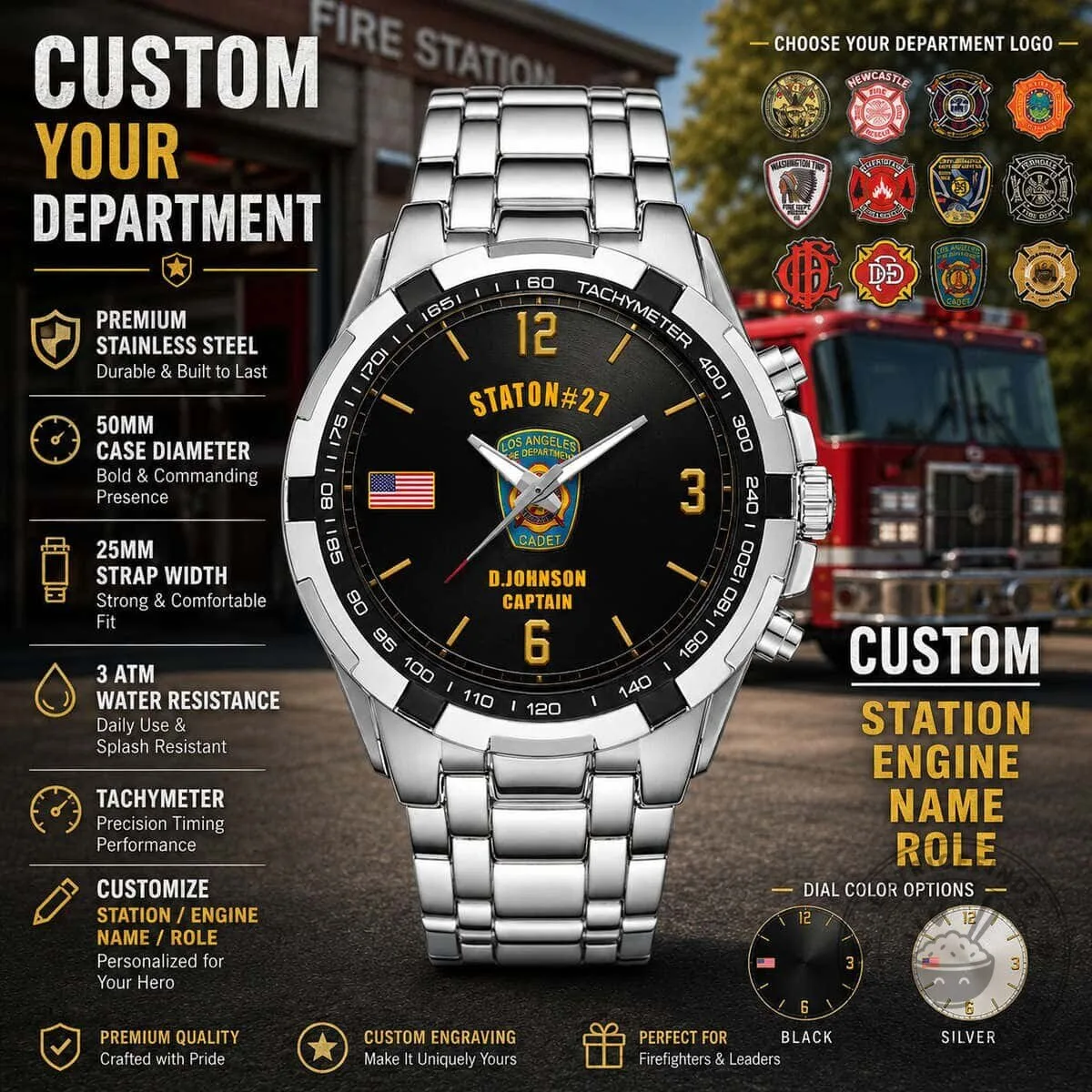 Personalized Firefighter Stainless Steel Watch with Custom Engraving