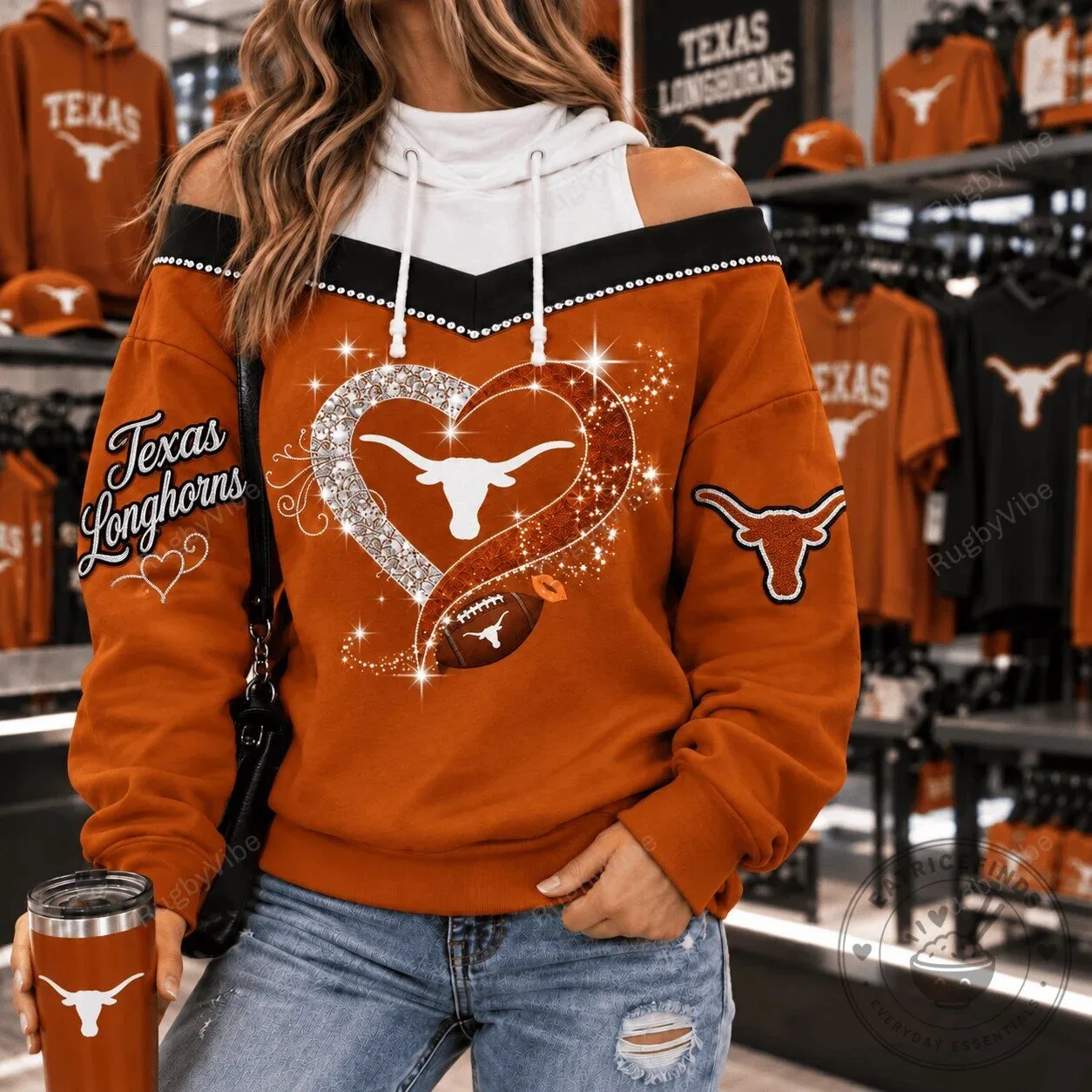 Texas Longhorns Sparkle Heart Football Design Orange Off Shoulder Hoodie 1 Texas Longhorns Sparkle Heart Football Design Orange Off Shoulder Hoodie