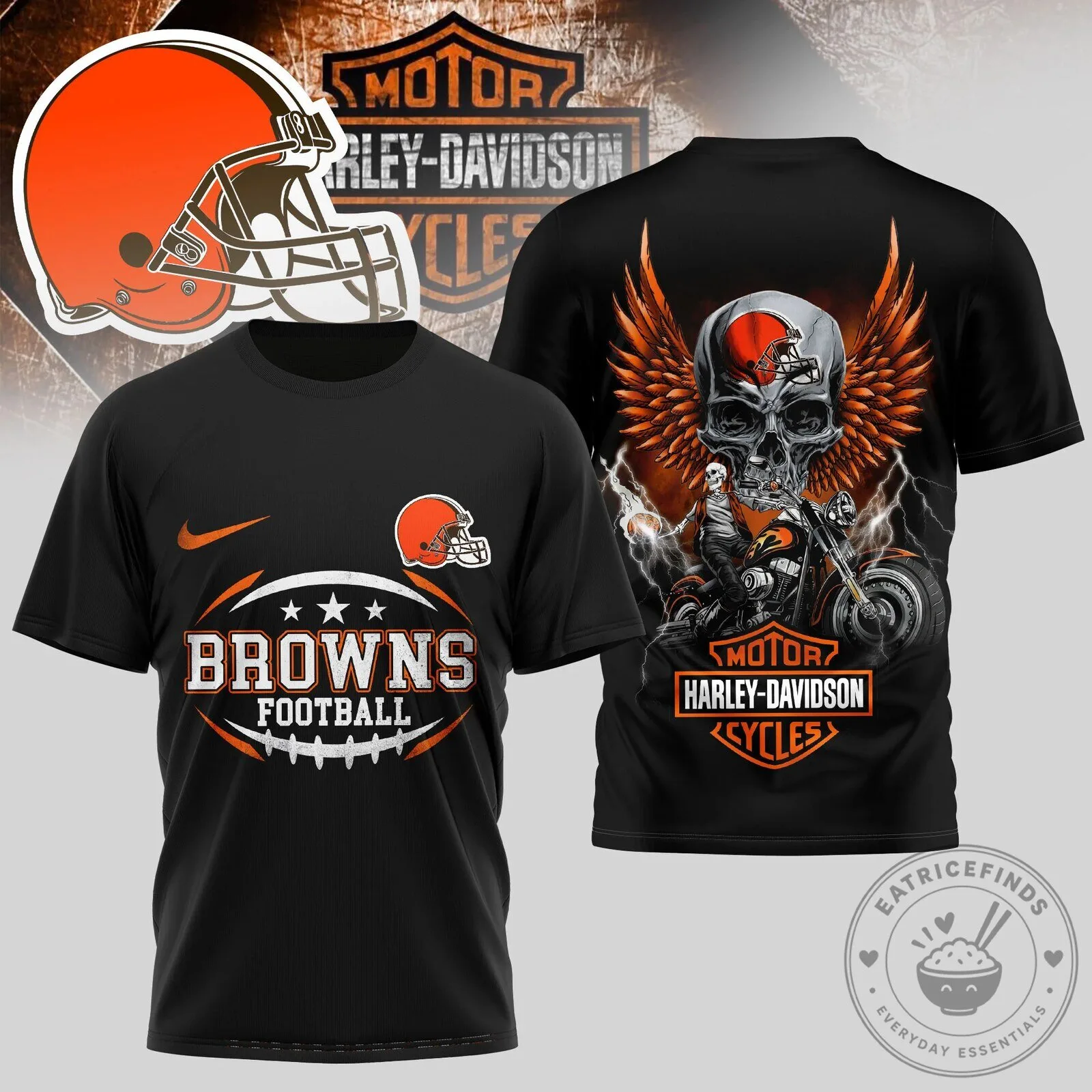 Cleveland Browns Football Harley Davidson Motorcycle Skull Graphic T-Shirt