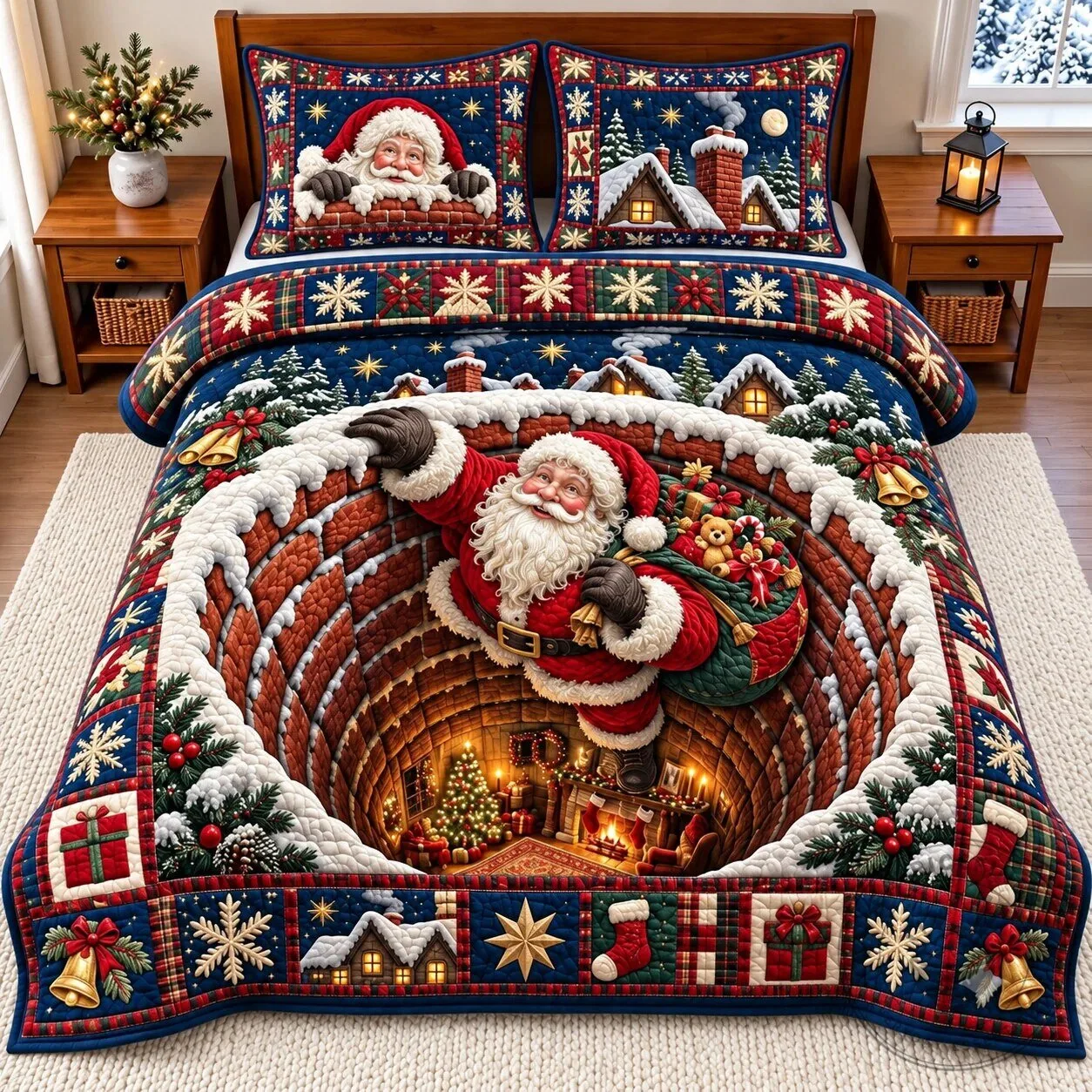 Santa Claus Chimney Christmas Scene Quilted Bedding Set