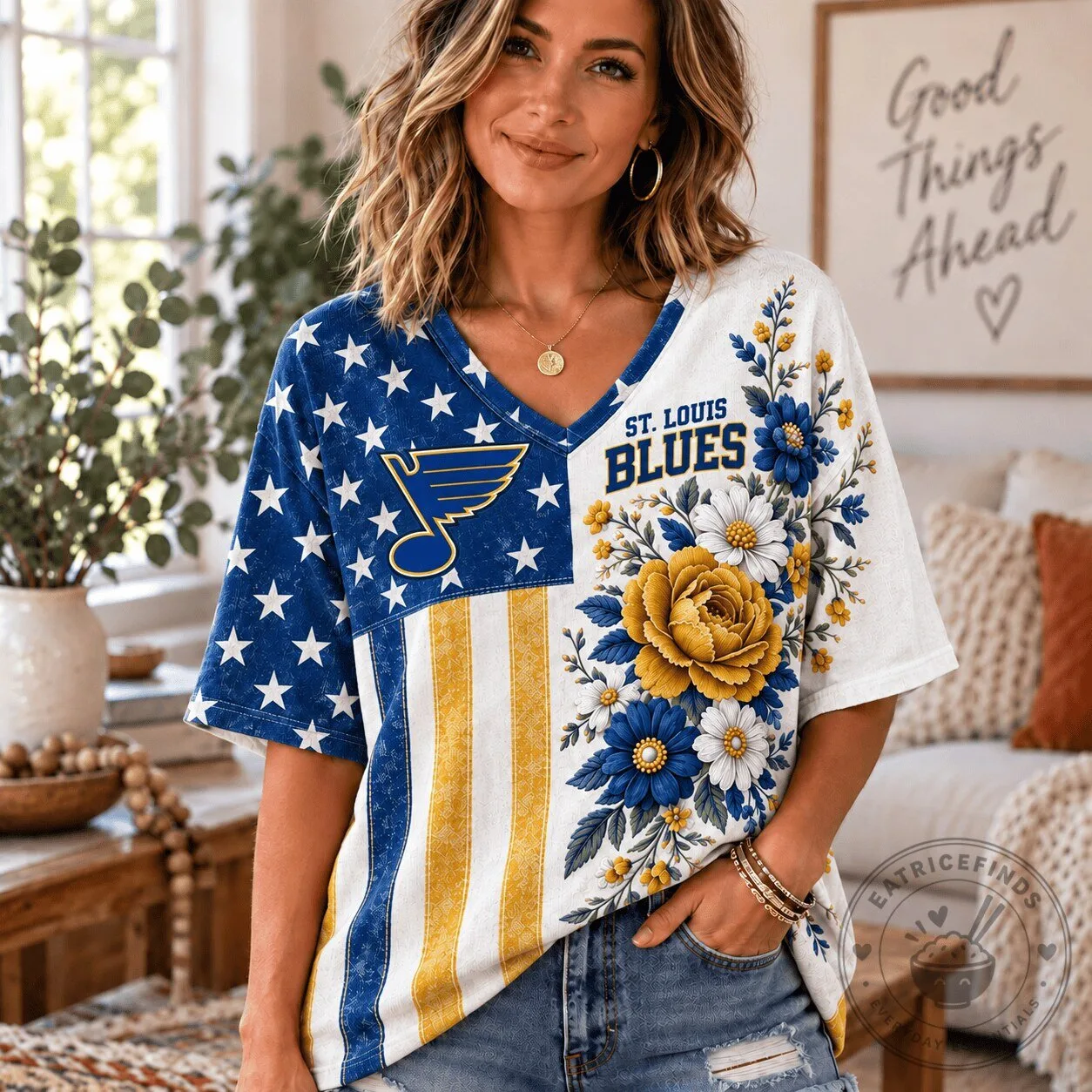 St Louis Blues Shirt for Women, Patriotic Floral V-Neck T-Shirt