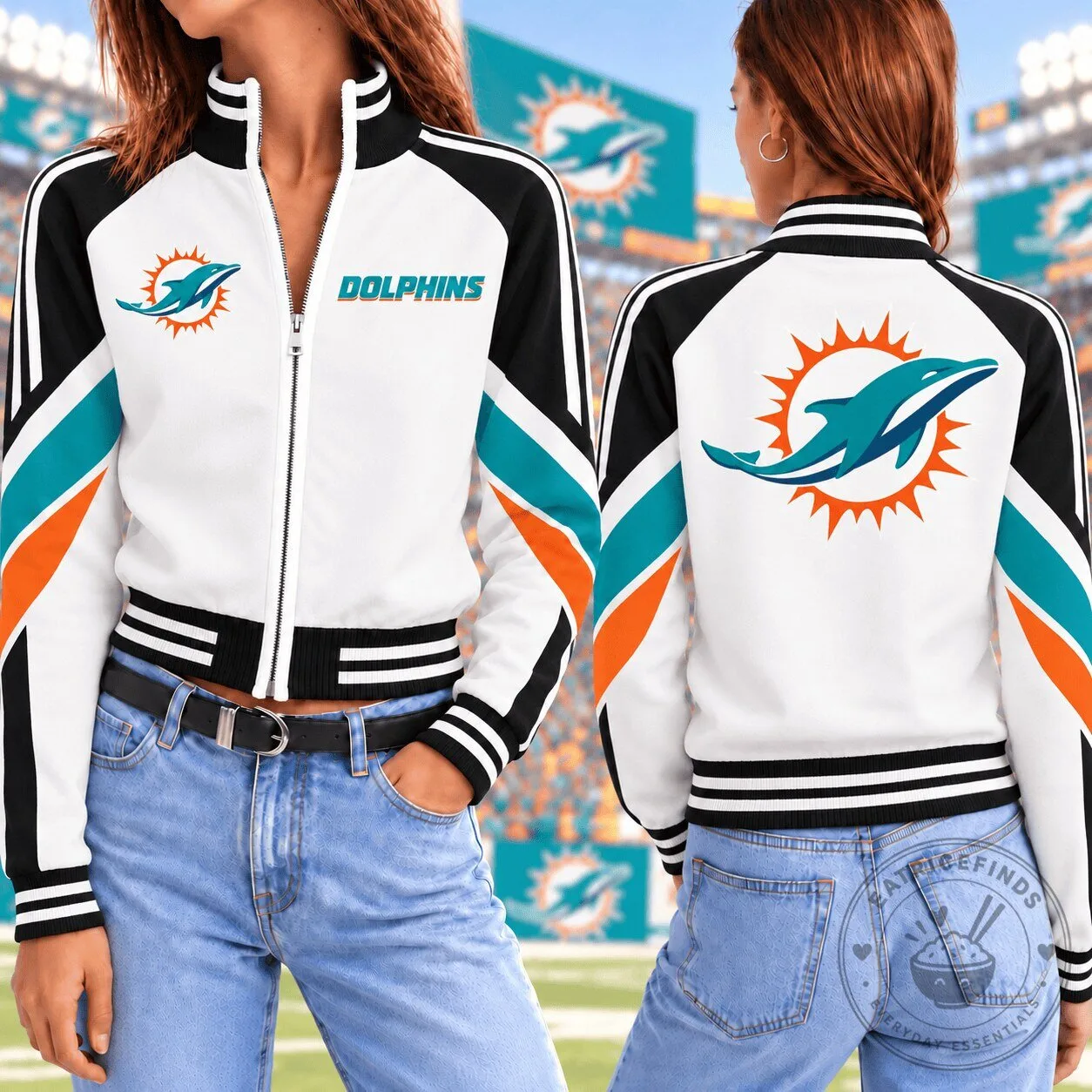 Miami Dolphins National Football League Women's White Full-Zip Bomber Jacket 2 Miami Dolphins National Football League Women's White Full-Zip Bomber Jacket