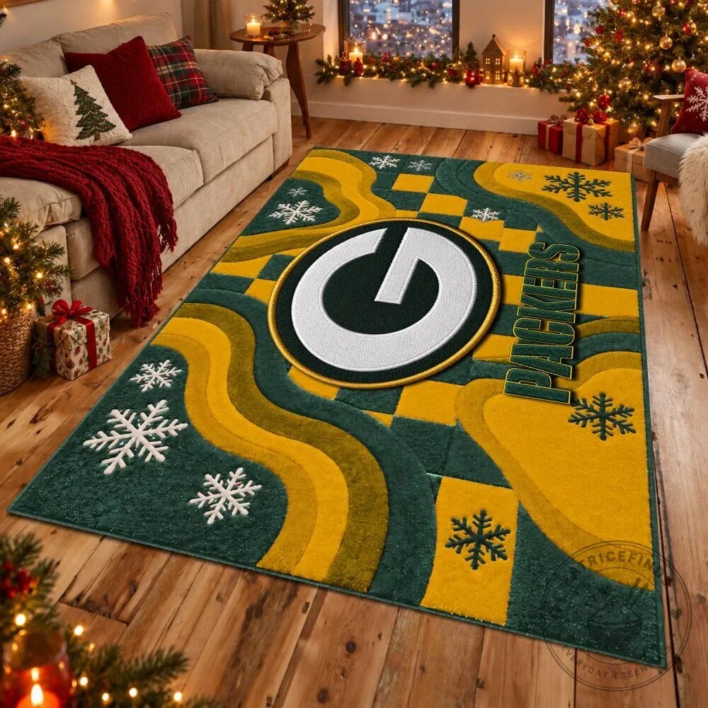 Green Bay Packers Football Team Logo Christmas Snowflakes Rug