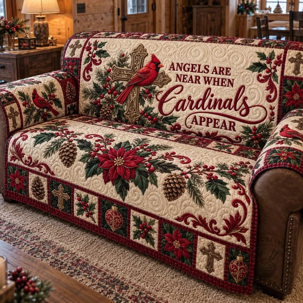 Cardinal Cross Blessings Quilted Sofa Cover Cardinal Cross Blessings Quilted Sofa Cover
