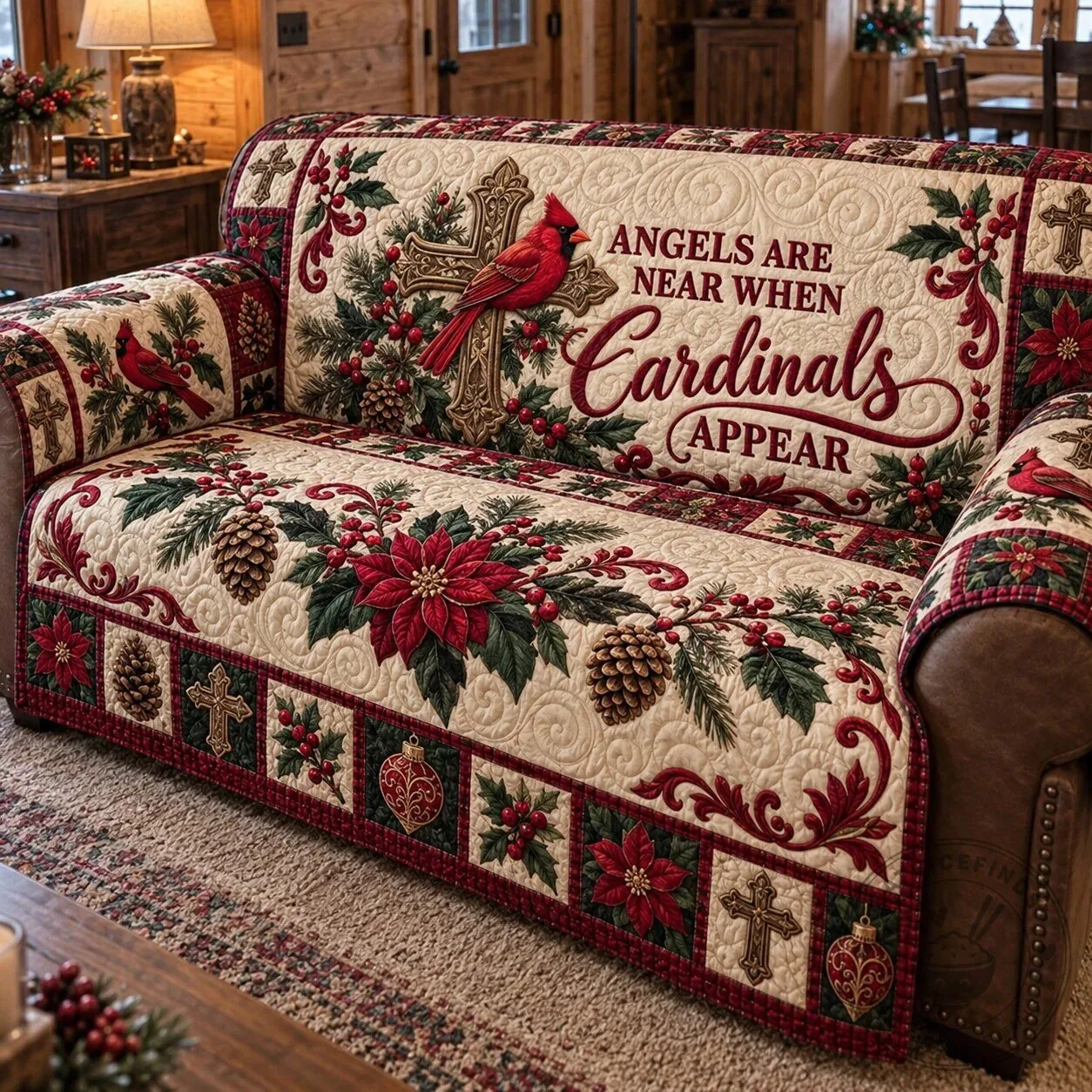 Cardinal Cross Blessings Quilted Sofa Cover