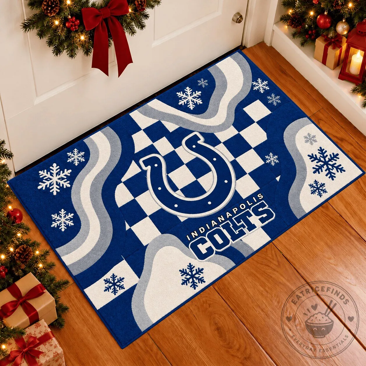 Indianapolis Colts NFL Christmas Snowflakes Checkered Pattern Doormat 1 Indianapolis Colts NFL Christmas Snowflakes Checkered Pattern Doormat