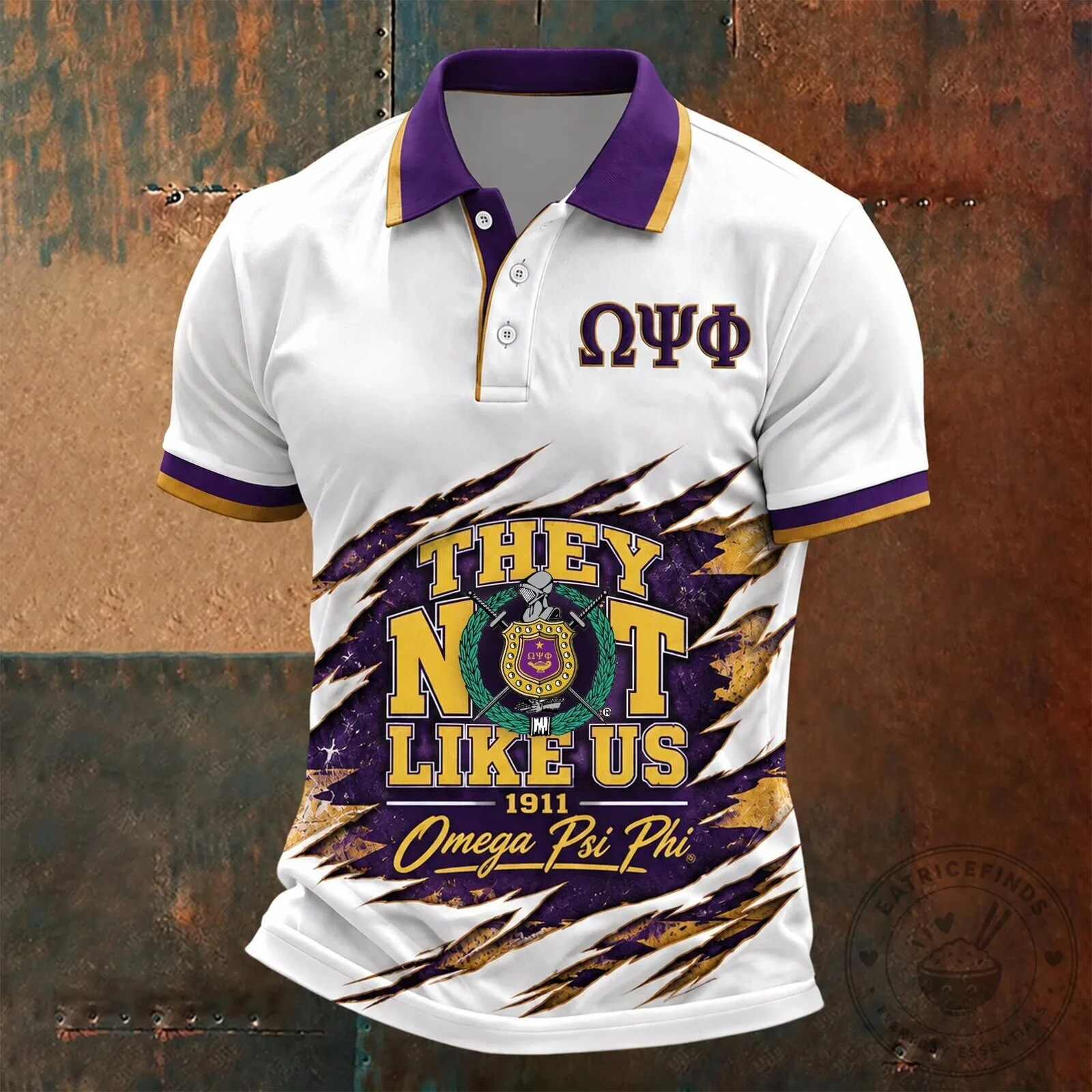 Gold and Purple Polo Shirt for Omega Psi Phi Fraternity - They Not Like Us Design