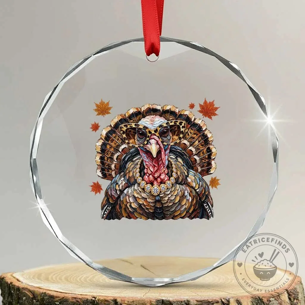 Sassy Leopard Turkey Thanksgiving Round Crystal Glass Ornament