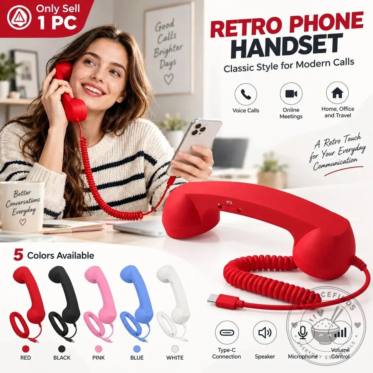 Retro Phone Handset Wired Receiver with Microphone and Volume Control